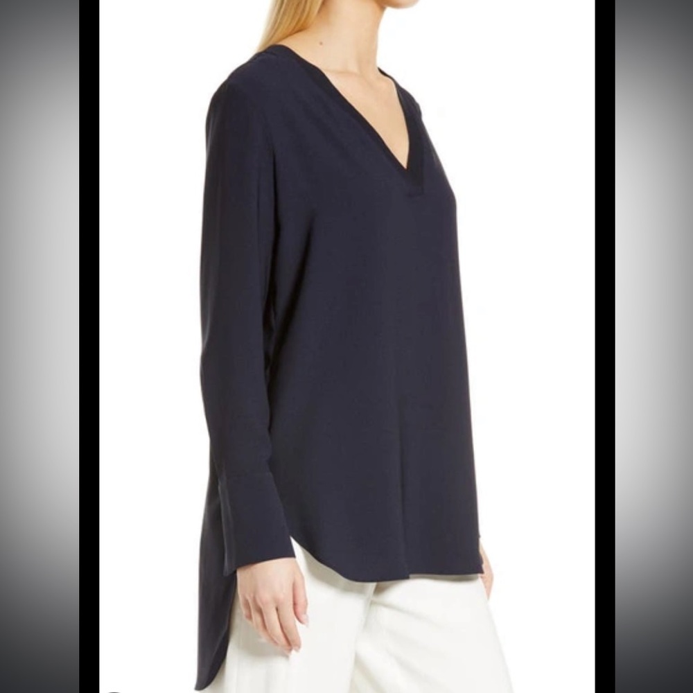 Nordstrom Rib Trim Woven Top in Navy Night, Size L
